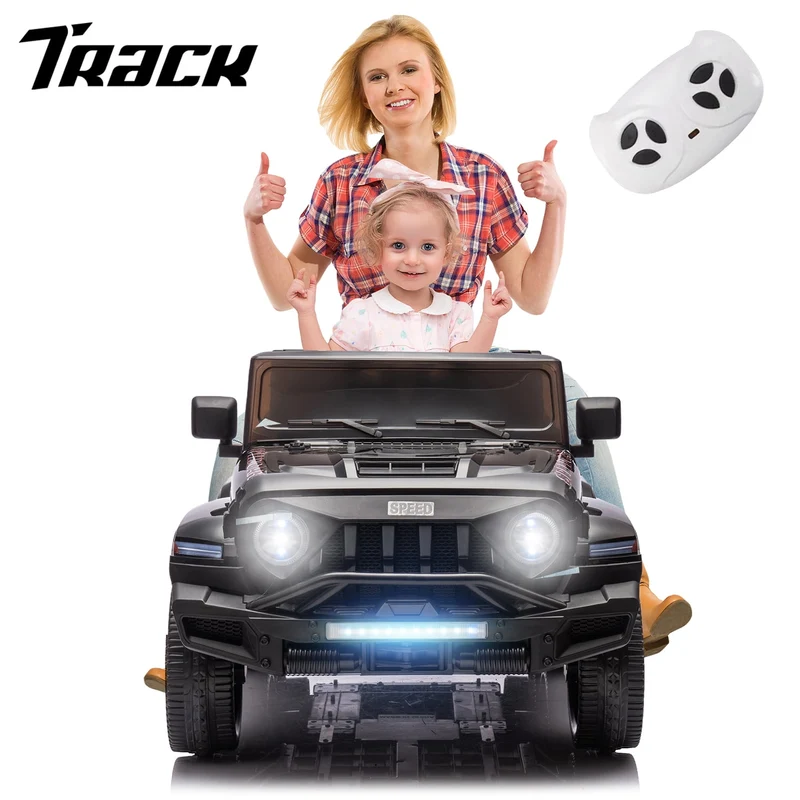 Track 7 24V Ride on Car, 4WD Electric Car for Boys Girls Age 3+, 6 Wheels Ride on Car with Remote Control, Music, Lights, Rocking Mode, Storage Box, Black