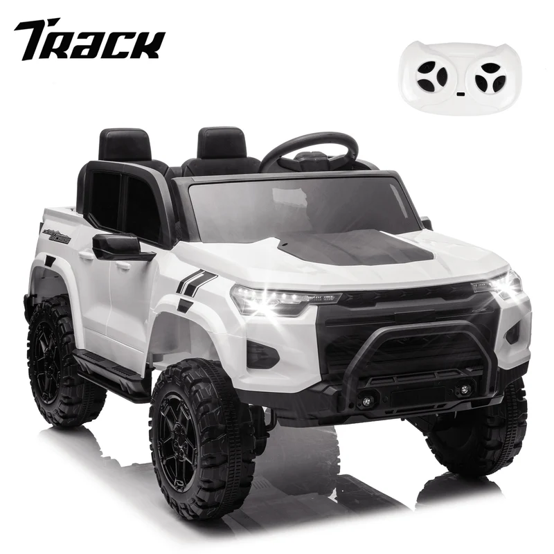 Track 7 24V Ride on Car, 2-Seater Kids Ride on Pickup Car with Remote Control, Bluetooth, 4 x 200W Motor Electric Car, 3 speeds, LED Lights, Spring Suspension, White