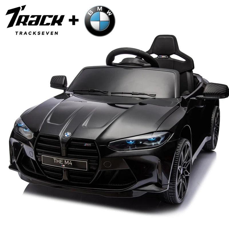 Track 7 12V Ride on Car, Licensed BMW M4 Electric Car, Kids Ride on Car with Remote Control, Bluetooth, Lights, Portable Handle, Black
