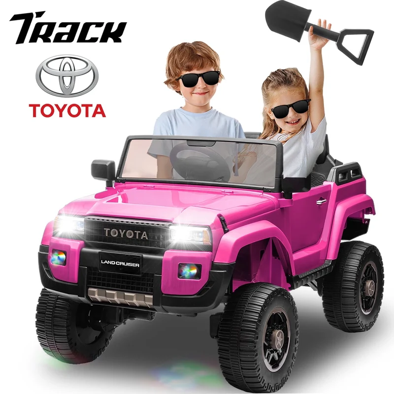 Track 7 24V Ride on Car, Licensed Toyota LC 250 2-Seater Electric Car for Boys Girls, 24V Ride on Car with Remote Control, Music, Bluetooth, Front Storage Space, Shovel, Pink