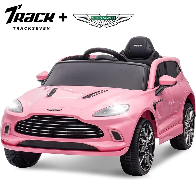 Track 7 12V Kids Ride on Car, Licensed Aston Martin Electric Car for Boys Girls Age 3+, Remote Control, Music, USB, Portable Handle, Pink