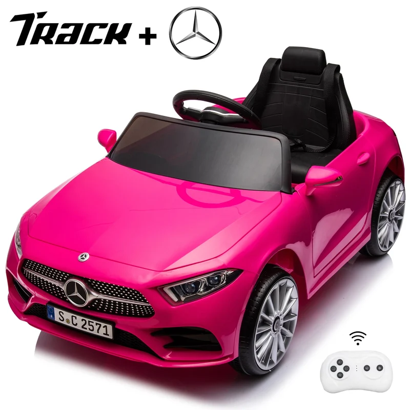 Track 7 12V Ride on Car, Licensed Mercedes-Benz CLS 350 Electric Car for Kids, Ride on Car with Remote Control, Music, Power Display, LED Lights, MP3, Kids Car for Age 3+, Pink