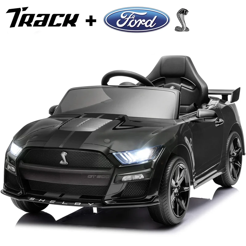 Track 7 12V Ride on Car, Licensed Ford Mustang Shelby GT500 Ride on Car with Remote Control, LED Lights, Music & Bluetooth, Electric Car for Boys Gilrs Age3+， Black