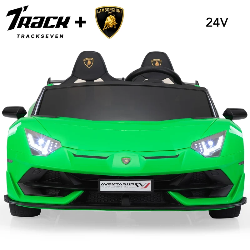 Track 7 24V Ride on Car, Licensed Lamborghini Drifting Car, 2-Seater Electric Car with Remote Control, MP3, LED Lights, PU Seat, Portable Handle, Green
