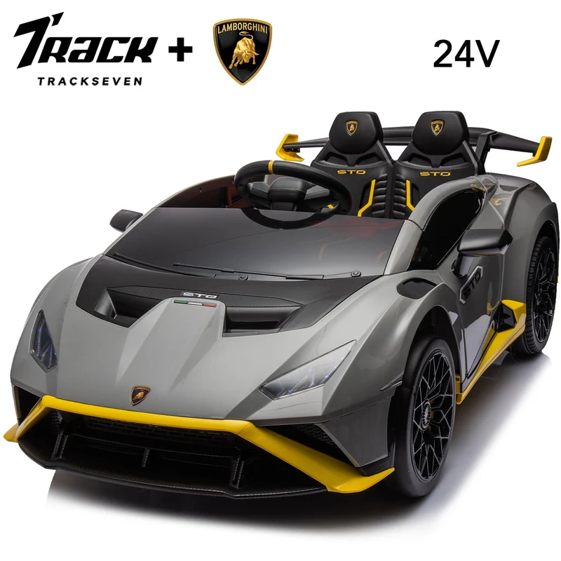 Track 7 24V Kids Ride on Car, Licensed Lamborghini STO Electric Car for Boys Girls, 2-Seater Ride on Drift Car with Remote Control, Music, 360° Spin, Max Speed 6mph, Grey
