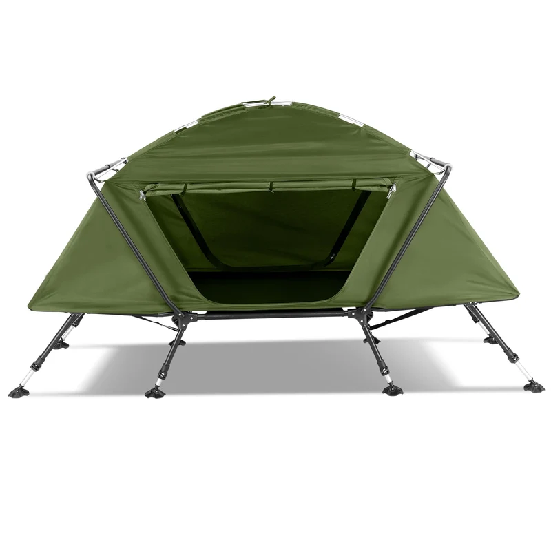 COOKCOK Camping Tent, with Storage Bag, Adjustable Feet, Iron Stands, Camping Bed, 84.6"x 34.5"x 49.2", Army Green