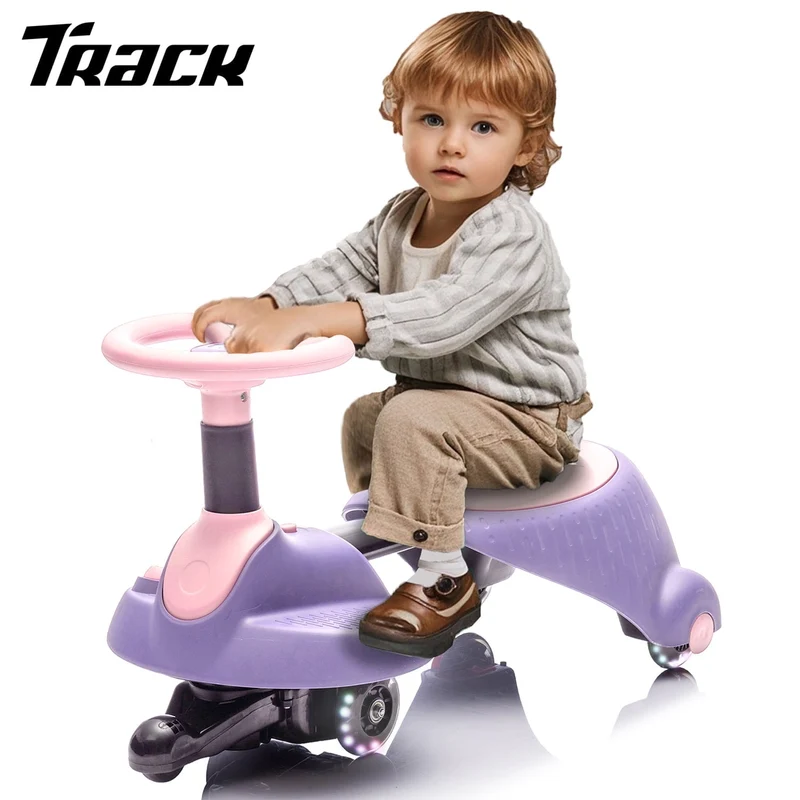 Track Seven 6V Electric Wiggle Car, 2 in 1 Electric Swing Car with Pedal, Flashing Wheels, Bluetooth, 360°, Retractable, Anti-Rollover, Max Speed 3.11mph, Ride on Toy Car for Kids Age 3+, Purple