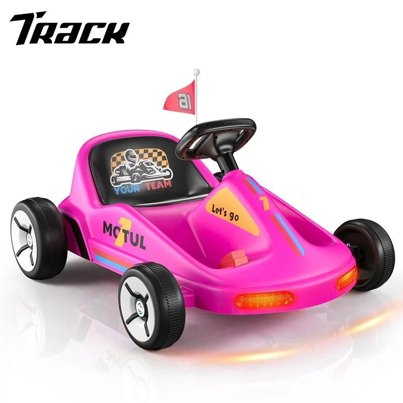 Track Seven 12V Ride on Car, Kids Electric Drifting Go Kart with Remote Control, Flashing Taillight, Bluetooth, Storytelling, Max Speed 3.7 mph, Portable Electric 4-Wheeler Car for Kids Age 3+, Pink