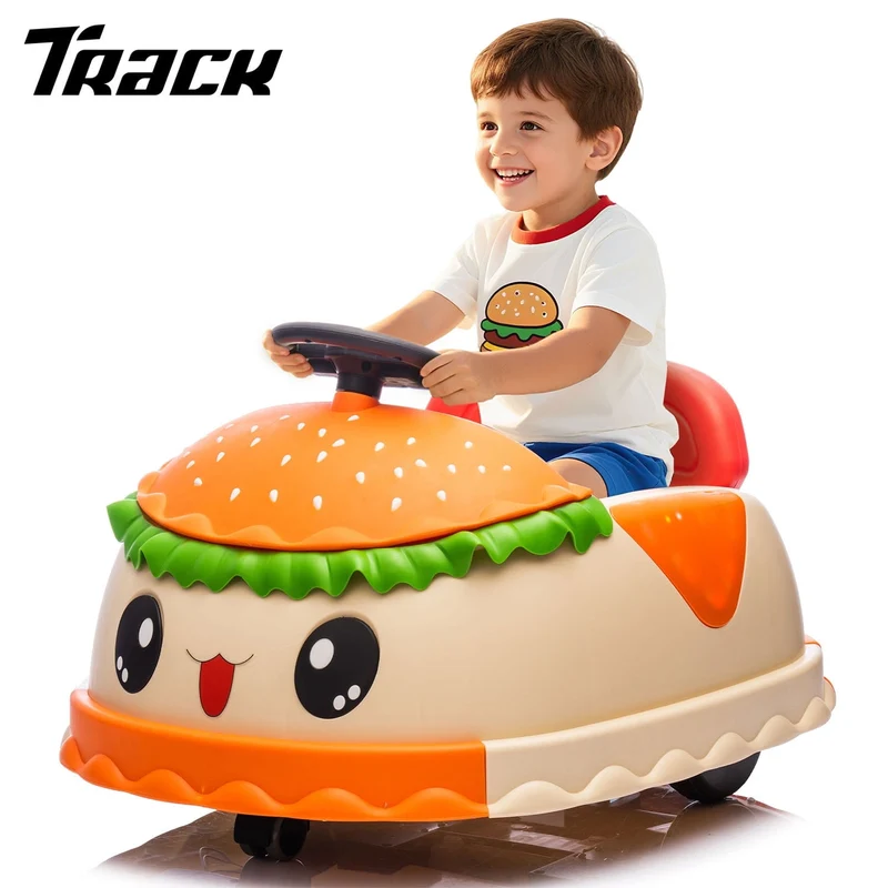 Track Seven 12V Bumper Car for Kids, Hamburger Design Electric Ride on Car for Toddlers with Remote Control, Music, 360°Spin, Max Speed 3.11 mph, Ride on Toy Car for Boys Girls Age 1-5 Years, Orange