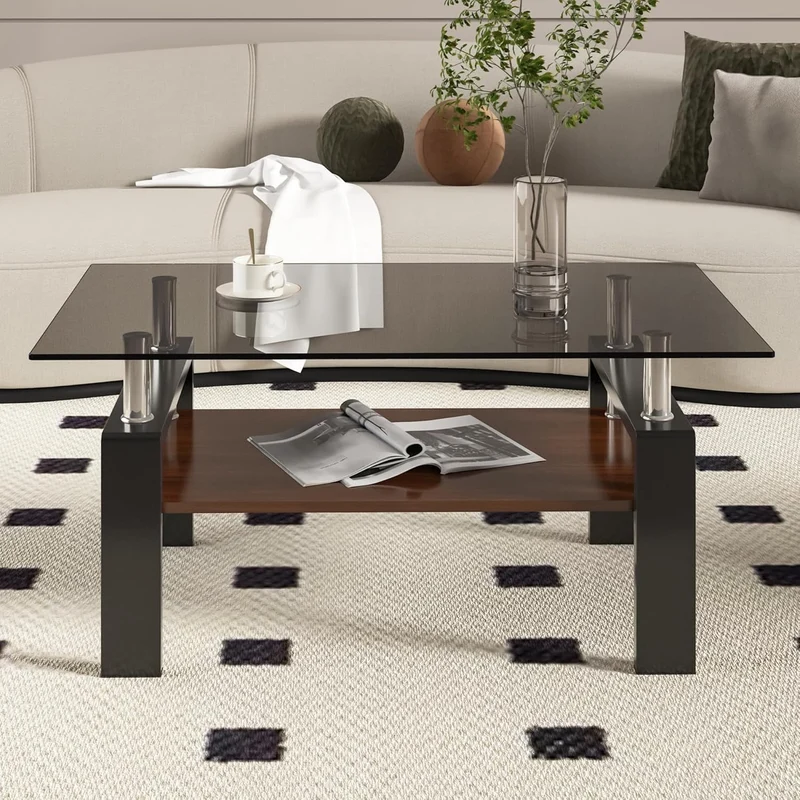 BISHE Glass Coffee Table, Rectangular Modern Design, Tempered Brown Glass Tabletop, White MDF Layer, Sturdy Living Room Center Table, Perfect for Office or Lounge in 36" x 20" Size, Gray+Brown