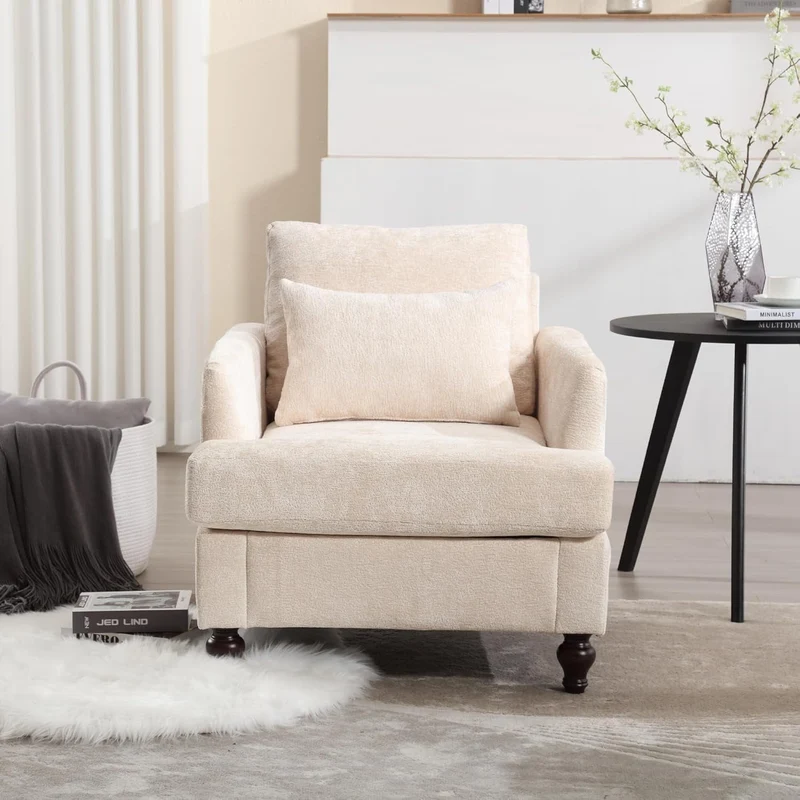BISHE Mid Century Modern Armchair, Solid Wood Frame Accent Chair with Tufted Chenille Upholstery & Studded Details, Comfortable Lounge Chair for Living Room, Bedroom or Reading Nook, Beige
