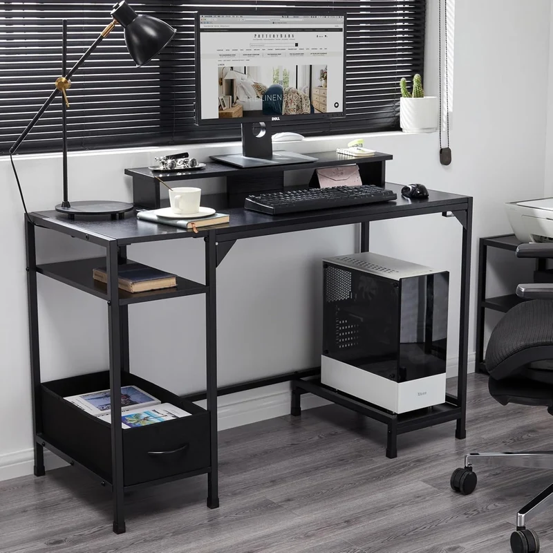 COOKCOK 47 inch Computer Desk, Office Desk with a Monitor Stand and Fabric Drawer, Writing Gaming Table with Shelves and 2 Hooks for Home Office, Black