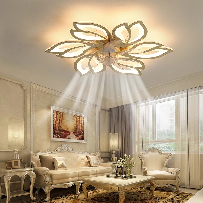 COOKCOK 25.5In Celling Fans with Lights, Flower Shape LED Ceiling Fan Lamp, 3 Color Dimming Timing 6 Wind Speed Fan Light with Remote
