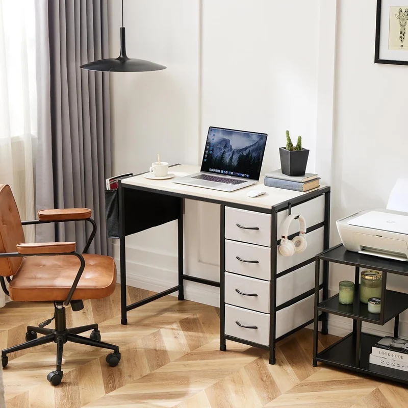 COOKCOK Computer Desk with Fabric Drawers Office Small Desk 36" Wide Desk with Headphone Hooks & Storage Bag for Student Kids Reading Table for Small Spaces, White