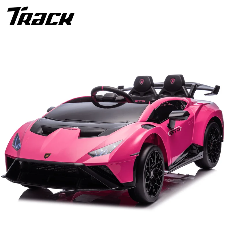 Track 7 24V Kids Ride on Car, Licensed Lamborghini STO Electric Car,2 Seats, 360° Spin, Speeds 1.86-5.59 MPH, LED Lights & Dynamic Music, Foam Wheels & Drift Mode for Ages 3-8, Pink