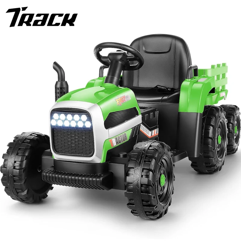 Track 7 24V Kids Ride-On Tractor Trailer, 200W Dual Motor Electric Toy, Remote Control, 3 Speeds (1.86-4.97 MPH), Bluetooth/MP3/USB, LED Lights & Safety Belt for Ages 3+, Green