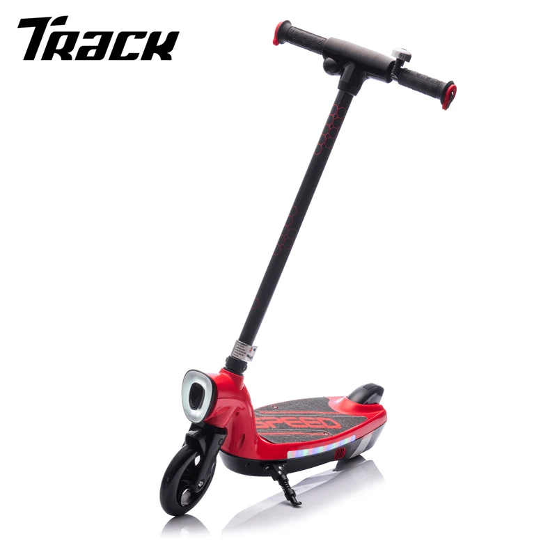 Track 7 12V Kids Electric Ride on Scooter with Kickstand, Rear Brake, Scooter Bell Design, Colorful LED Lights, Wider Pedal & Non-Slip Handle, Speeds 5.59-6.84 MPH for Ages 6+, Red