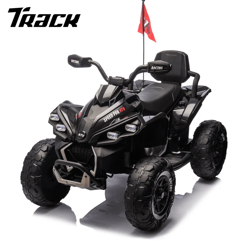 Track 7 24V Kids Electric ATV with Parent Remote Control, Four-Wheel Shock Absorber, Speeds 1.24-3.73 MPH, Bluetooth, MP3 Player, LED Lights, USB, Power Display for Ages 3-12, Black