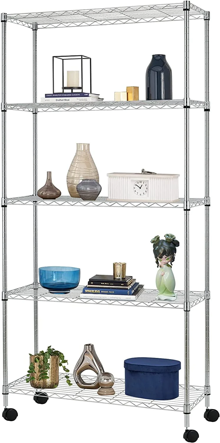 COOKCOK 5-Tier Wire Shelving with Wheels, 35.4"x 13.8"x 65" Heavy Duty Shelf, Height Adjustable Rolling Metal Shelves for Storage, 750lbs Capacity, Silver