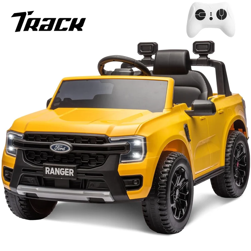Track 7 12V Kids Ride on Pickup Truck, Licensed Ford Ranger, Electric Vehicle Ride on Toy Car with Remote Control, Music Player, LED Lights, Bluetooth, Soft Start, Gift for Kids Ages 3-6, Yellow