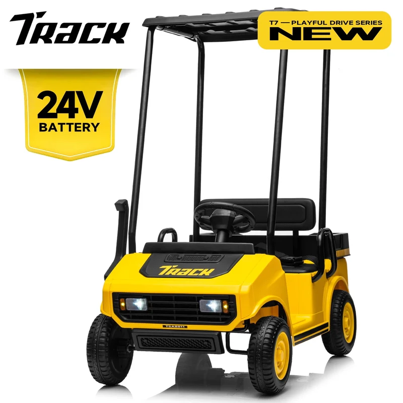 Track 7 24V Ride on Car, Electric Golf Cart with Ceiling, Ride on Truck with Remote Control, Music, Rear Storage Box, Electric Car for Boys Girls Age 3+, 18.5" Large Seat with Armrests, Yellow