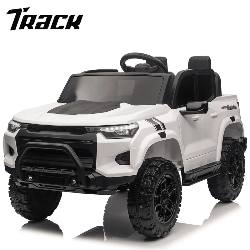 Track 7 24V Ride on Car, 2-Seater Kids Ride on Pickup Car with Remote Control, Bluetooth, 4 x 200W Motor Electric Car, 3 speeds, LED Lights, Spring Suspension, White