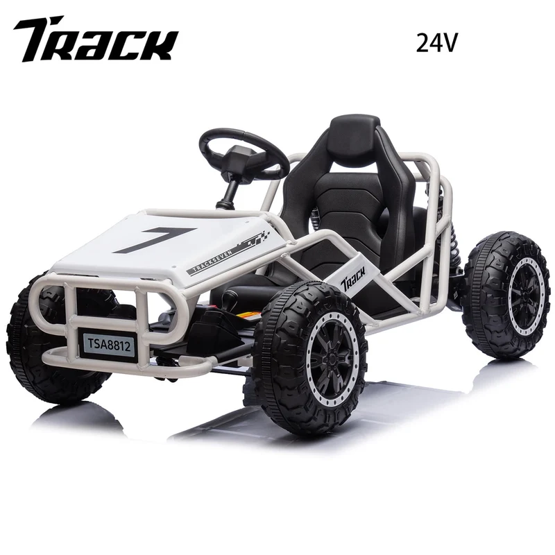 Track 7 24V Electric Go Kart, Outdoor Ride on Car, Go Kart for Kids Age 3-8 Years, Independent Electronic Brake Foot Pedal, Kids Car, White