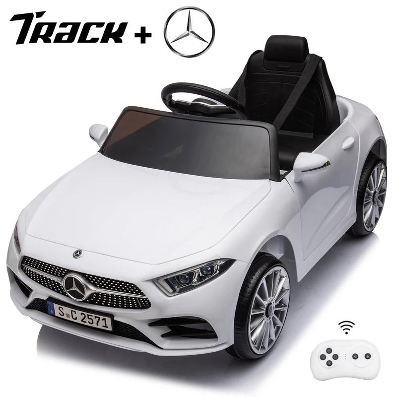 Track 7 12V Ride on Car, Licensed Mercedes-Benz CLS 350 Electric Car for Kids, Ride on Car with Remote Control, Music, Power Display, LED Lights, MP3, Kids Car for Age 3+, White