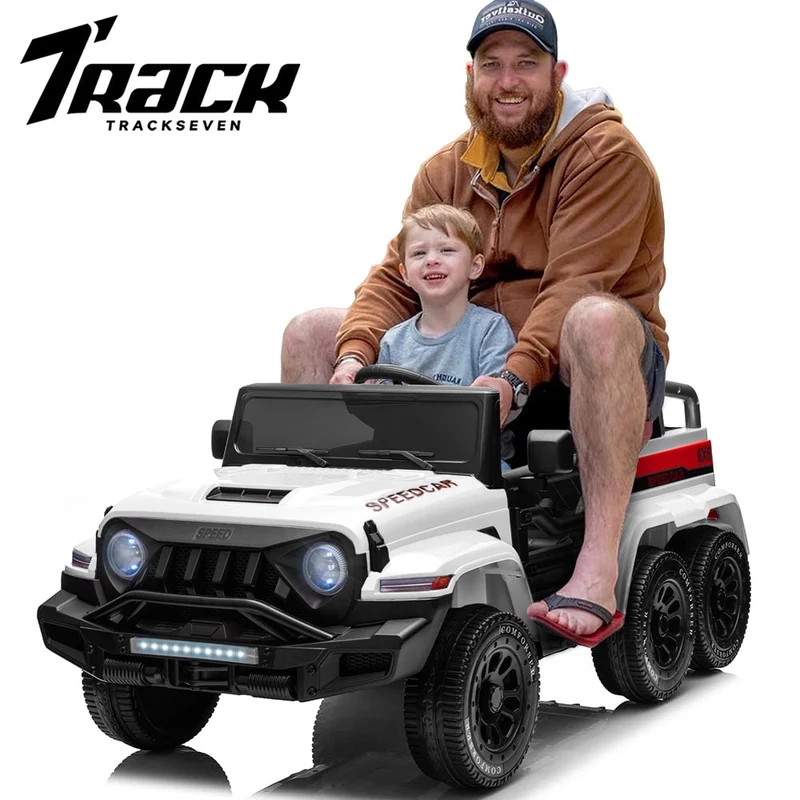 Track 7 24V Ride on Car, 4WD Electric Car for Boys Girls Age 3+, 6 Wheels Ride on Car with Remote Control, Music, Lights, Rocking Mode, Storage Box, White