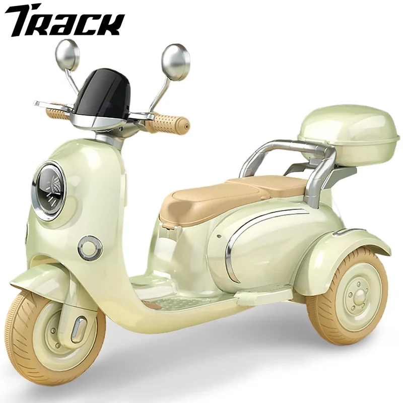 Track Seven 12V Kids Ride on Motorcycle, 3 Wheels Powered Motorbike for Kids Ride with Mp3, Bluetooth, Headlight, Storage Box for Kids Aged 3+, Yellow