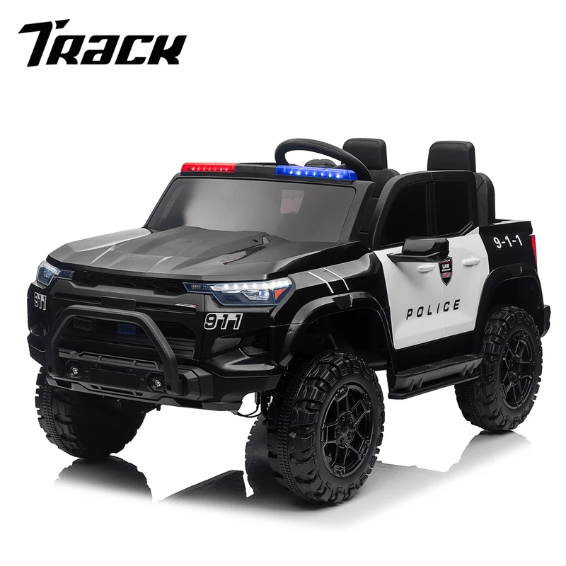 Track 7 24V 2-Seats Police Car for kid 3+, 3 speed adjustable, 2-Point Safety Belt, with Remote Control, Flashing Lights, Music, Spring Suspension, Black