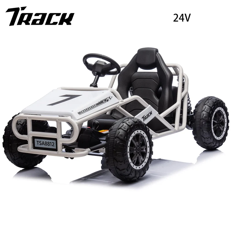 Track 7 24V Electric Go Kart, Outdoor Ride on Car, Go Kart for Kids Age 3-8 Years, Independent Electronic Brake Foot Pedal, Kids Car, White