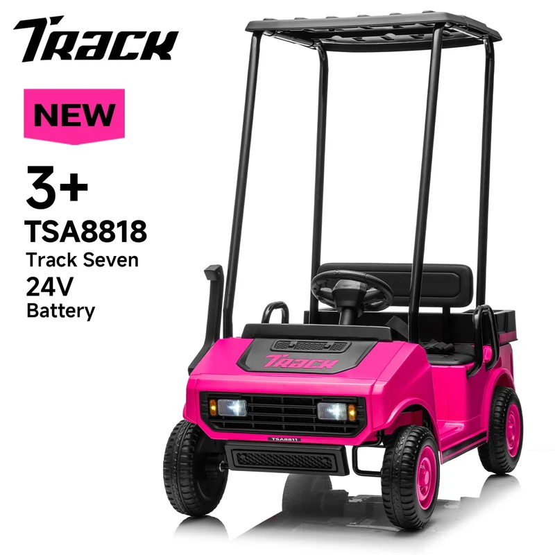 Track Seven 24V Kids Ride on Car, Electric Car with Ceiling, Ride on Truck with Remote Control, Music, Rear Storage Box, Pink