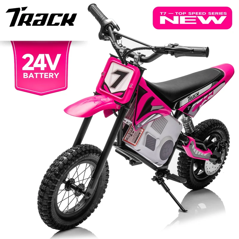 Track 7 24V Electric Dirt Bike, 350W Ride on Motorcycle with Twist Grip Throttle, Hand-Operated Dual Brakes, Speed Up to 10 MPH, for Age 8-12, Pink