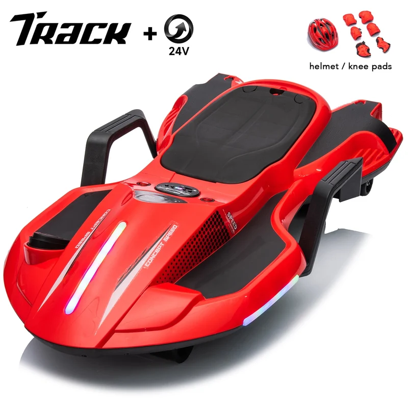 Track 7 24 V Ride on Car with Helmet, Knee Pads, Gloves, Devilfish Pattern Ride on Electric Scooter with Spray Function, Gravity Steering, Music, Hnadrails, Max Speed 6.84 mph, Red