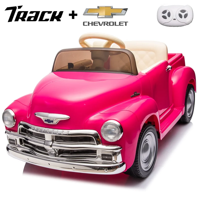 Track 7 12 V Ride on Car, Licensed Chevrolet 3100 Pickup Electric Car for Boys Girls, LED Lights, Bluetooth, USB, Storage Space, Remote Control, Ride on Toy Vehicle, Pink