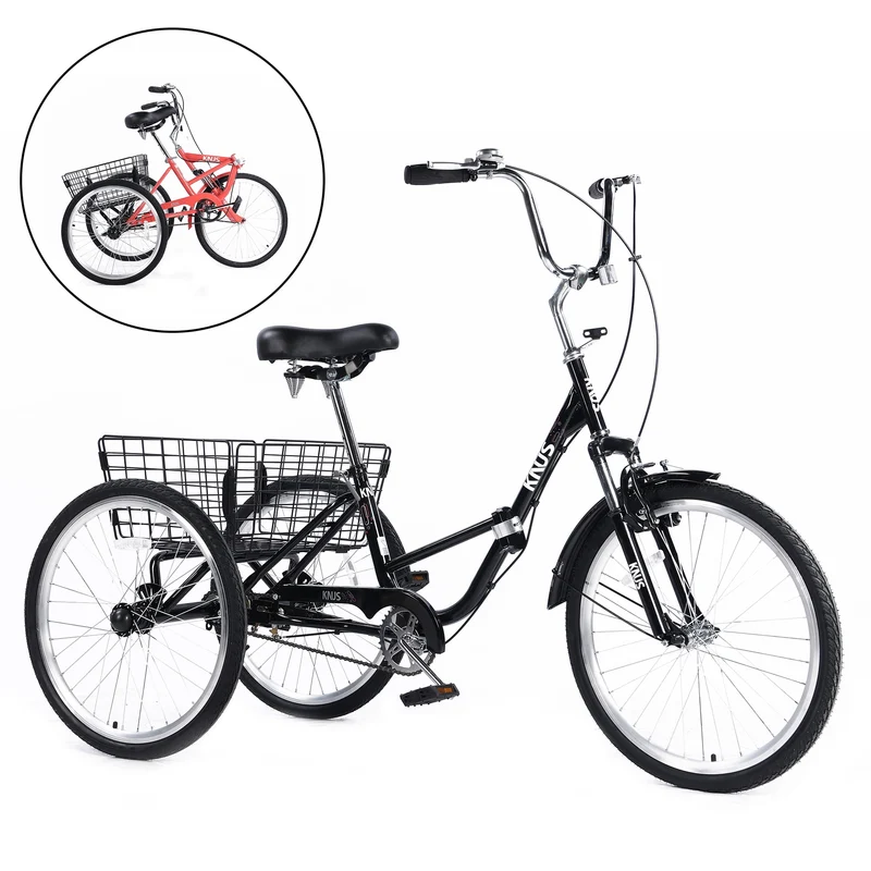 LISUEYNE Adult Folding Tricycles,Three Wheel Cruiser Bike,24 inch Wheels Adult Trikes with Low Step-Through,Large Basket,Foldable Tricycle for Adults,Women,Men,Adjustable Seat,Black