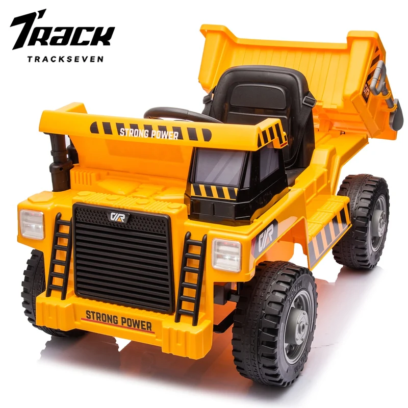 Track 7 Kids Ride on Car, 12V Ride on Dump Truck, Electric Car with Remote Control, Music, USB, Story, Electric Dump Bed and Extra Shovel, Phone stand