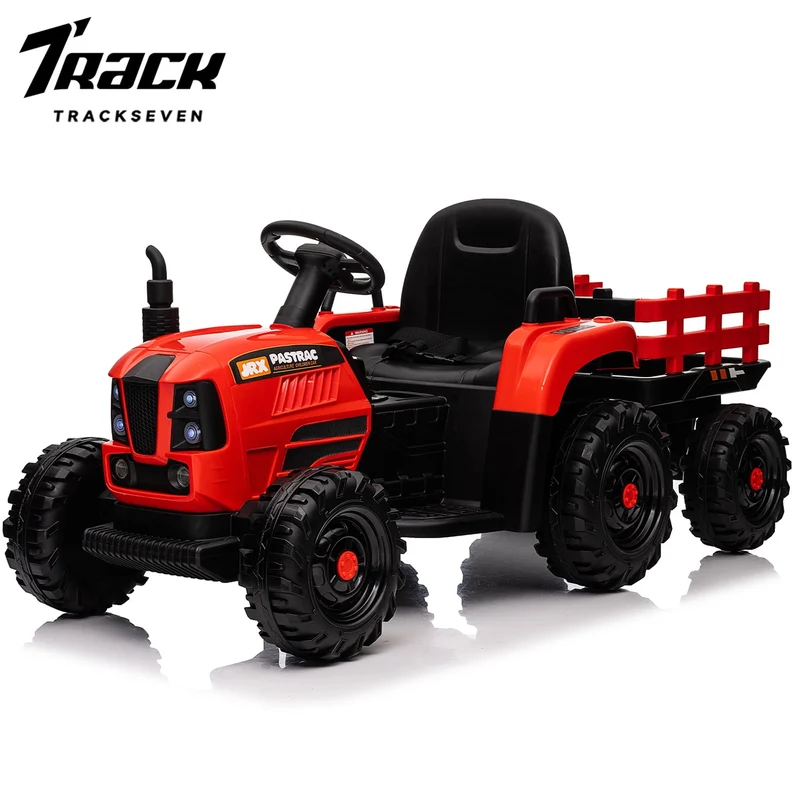 Track 7 12V Ride on Tractor with Trailer, 3-Gear-Shift Ground Loader, Kids Ride on Car with Remote Control, Bluetooth, Music, LED Lights, Electric Car for Boys Girls, Red