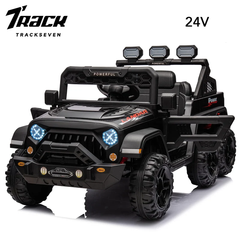 Track 7 24V Kids Ride on Pickup Truck, 4WD Ride on Car with Remote Control, Bluetooth, Rear Storage Box, LED Lights, 6- Wheels Electric Car for Boys Girls, Black
