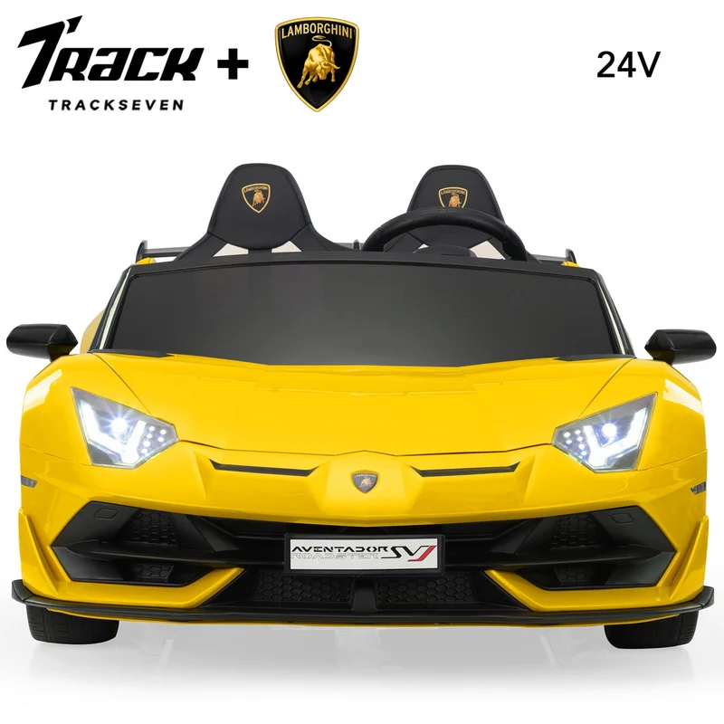 Track 7 24V Ride on Car, Licensed Lamborghini Drifting Car, 2-Seater Electric Car with Remote Control, MP3, LED Lights, PU Seat, Portable Handle, Yellow
