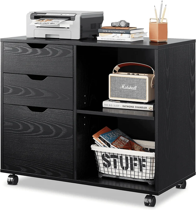 LISUEYNE 3-Drawer Wood File Cabinet, Mobile Lateral Filing Cabinet, Rolling Printer Stand with Open Storage Shelves for Home Office, Black