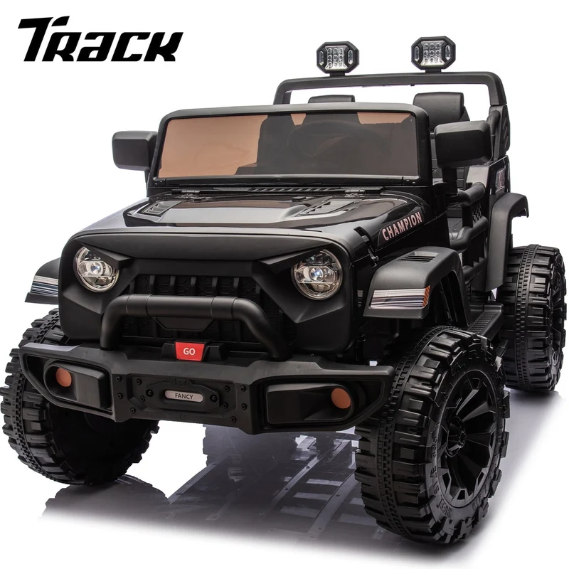 Track 7 24V Ride on Truck, 2 Seater Ride On Toy Car for Big Kids, 19.7" Large Wide Seat, 4WD Electric Truck Car with Music, Bluetooth, Light and Searchlight, Max Speed 4.35 mph, Black