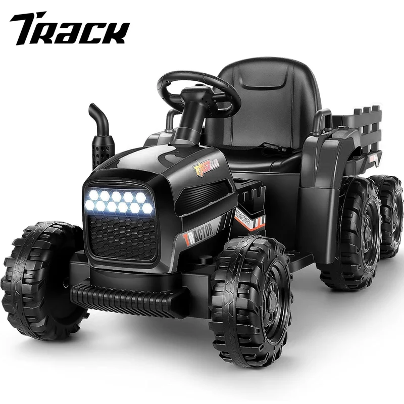 Track 7 24V Ride on Tractor with Trailer, 400W Motor, 6-Wheels Ride on Car with Remote Control, Music, Lights, 24V Electric Tractor Max Speed 4.9 mph, Black