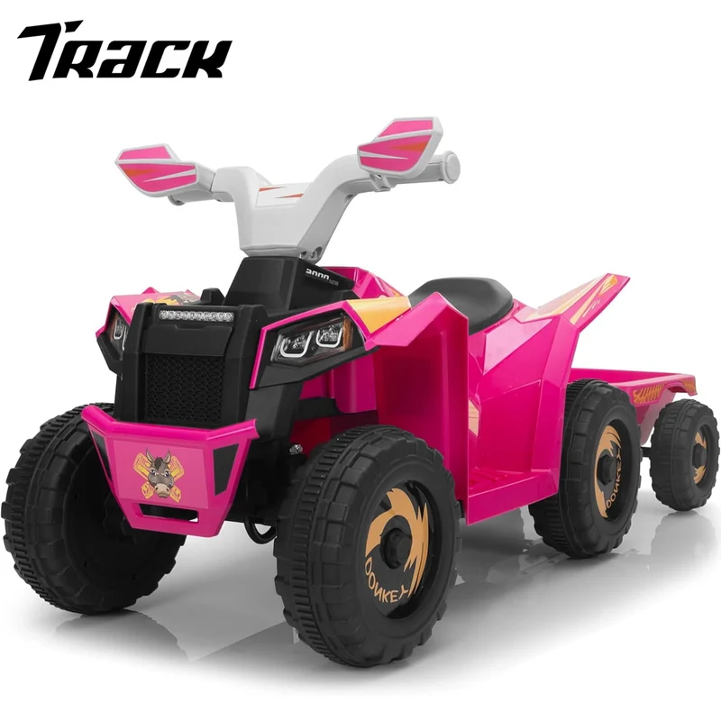 Track 7 Kids Ride on ATV with Trailer, 4 Wheeler Electric Quad Vehicle, Ride on Car with Music, Horn, Power Display, Kids Electric ATV, Rose Red