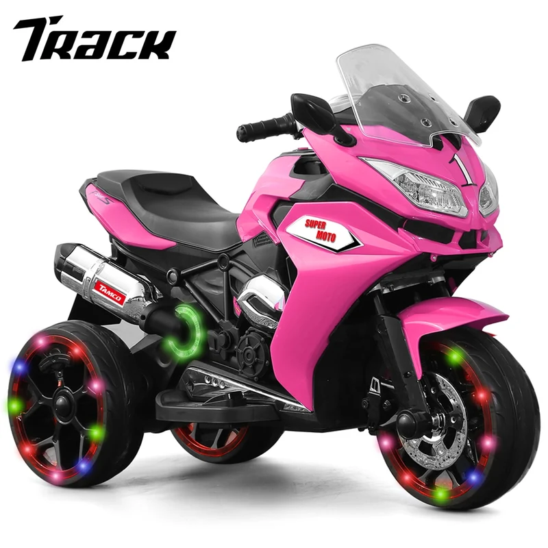 Track 7 12V Kids Ride on Motorcycle, 3 Wheels Electric Trike Motorcycle for Boys and Girls, Light Wheels, Music, Headlights, Pink