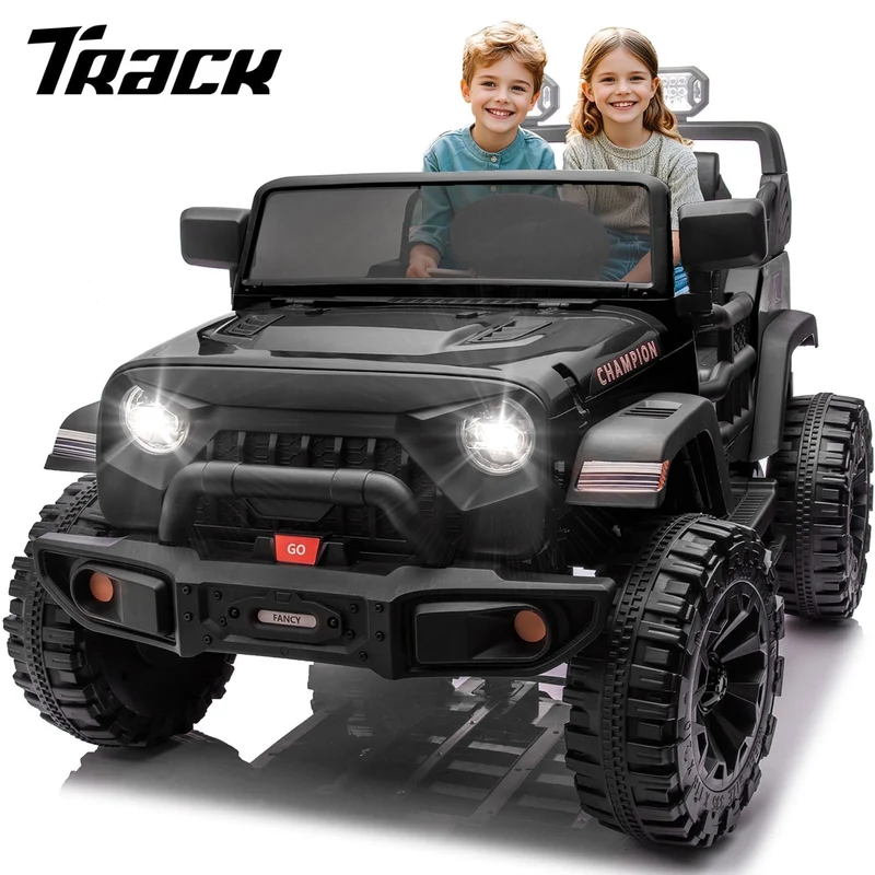 Track Seven 24V Ride on Truck, 2 Seater Ride On Toy Car for Big Kids, 19.7" Large Wide Seat, 4WD Electric Truck Car with Music, Bluetooth, Light and Searchlight, Max Speed 4.35 mph, Black