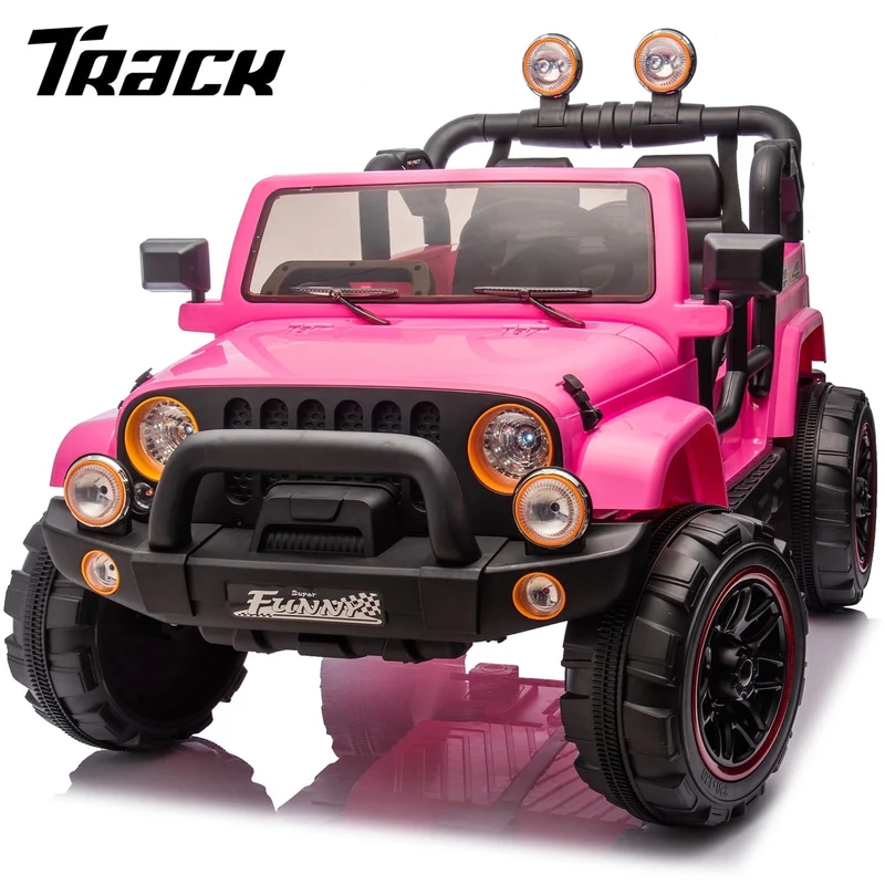 Track 7 24V Ride on Car, Kids Ride on Truck with Remote Control, 19.09" Seat Width, Bluetooth, Lights, Searchlight, Rear Storage, Portable Pull Rod, Max Speed 4 mph, Electric Car for Boys Girls, Pink