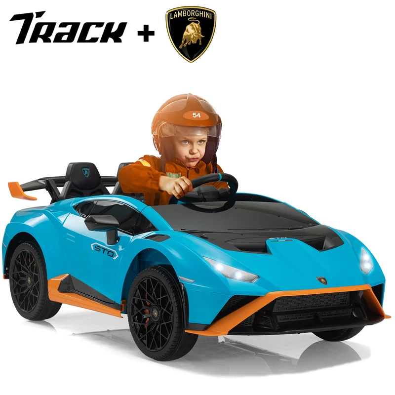 Track 7 12V Kids Ride on Car, Licensed Lamborghini STO Electric Car for Kids Age 3+, Remote Control, Music, Motorized Drift Electric Vehicle, Max Speed 5mph, Blue