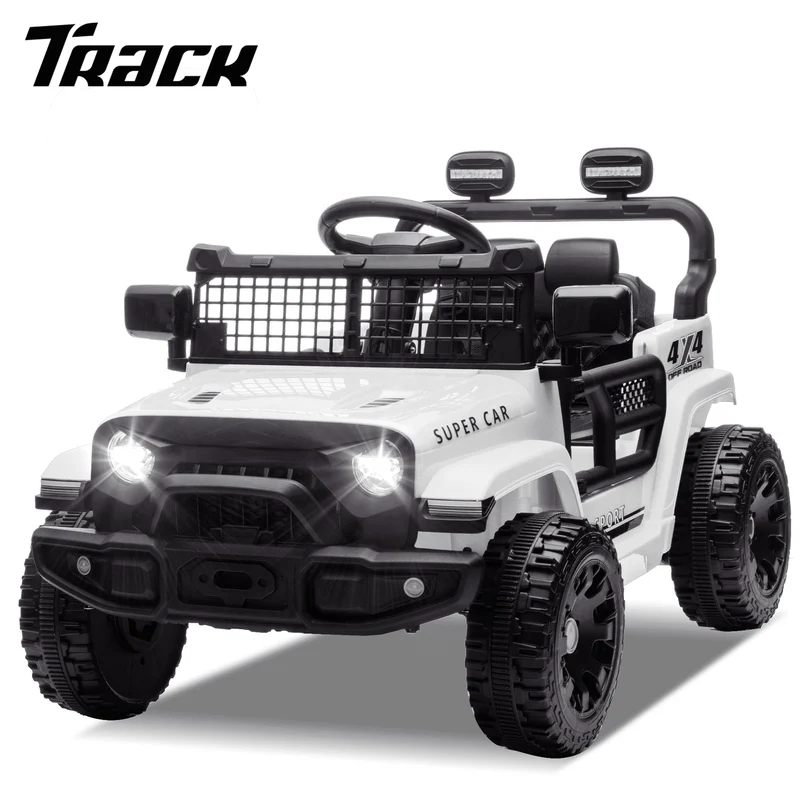 Track 7 24V Kids Ride-On Car with Remote Control, 2WD, Four-Wheel Suspension with Large Wheel Design, Power Display, Bluetooth, MP3 Player, LED Lights, and Speed Control for Ages 2-5, White